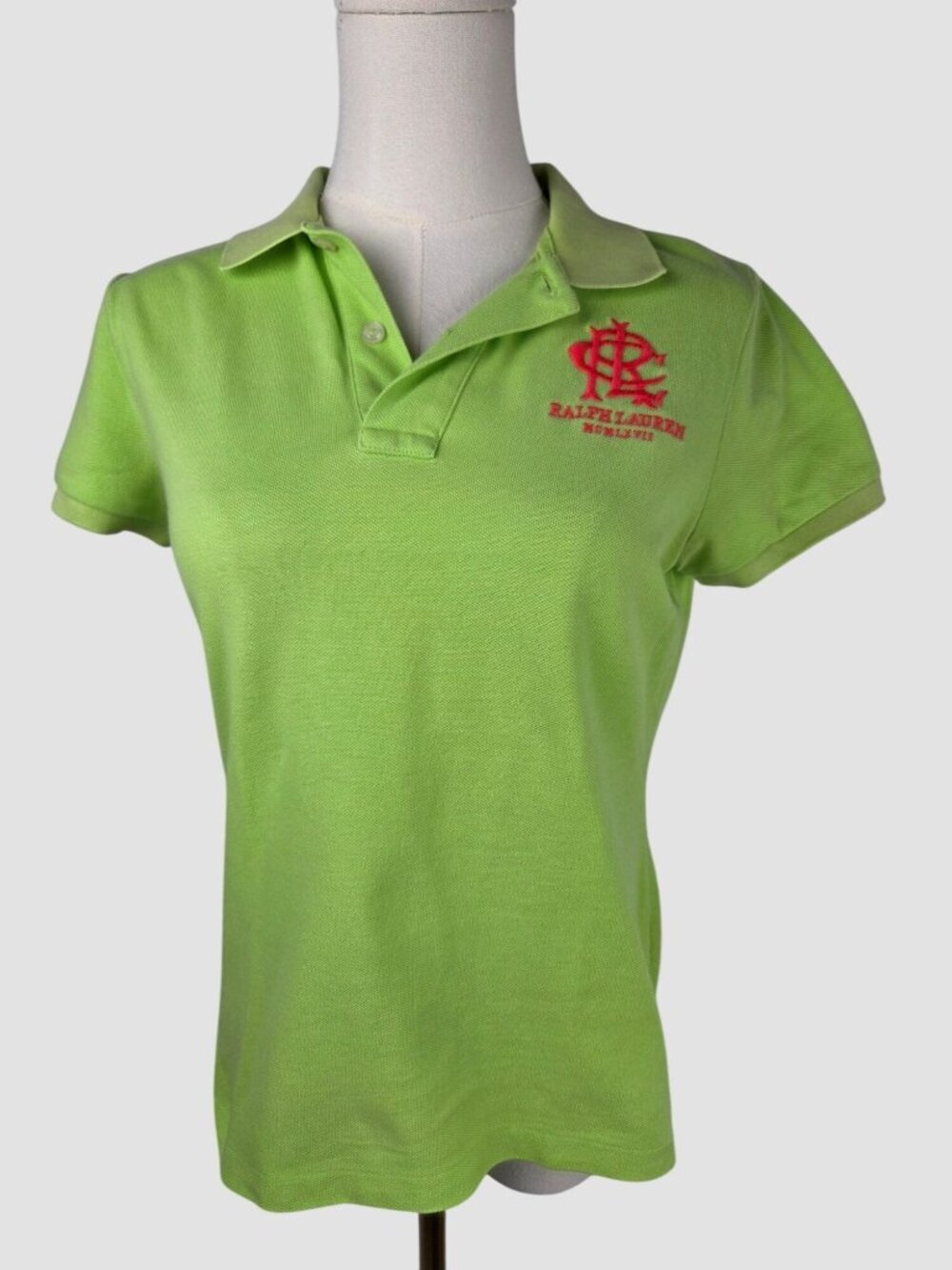 Ralph Lauren Women's Polo Shirt Sz S Lime Green Pink Big Crest Logo MCMLXVII